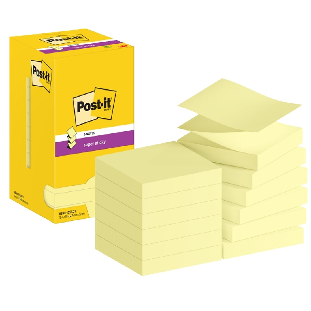 Post-It Super Sticky Pack de 12 Blocs de 90 Notas Adhesivas Reposicionables Zig-Zag 76x76mm - Forma Cuadrada - Color Amarillo Claro 1