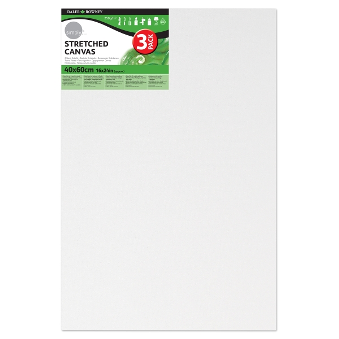 Daler Rowney Simply Pack de 3 Bastidores Entelados- 40x60cm - Imprimacion Triple - Grano Medio - 100% Algodon sin Acido - 250g - Color Blanco 1