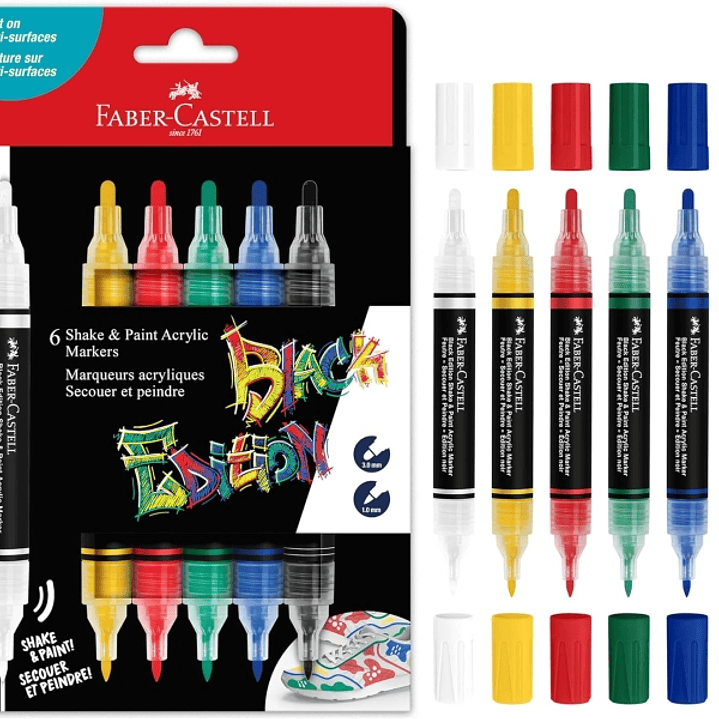Faber-Castell Shake & Paint Black Edition Pack de 6 Rotuladores Acrilicos Doble Punta - Puntas Redondas de 1mm y 3mm - Tinta Acrilica al Agua - Color  1