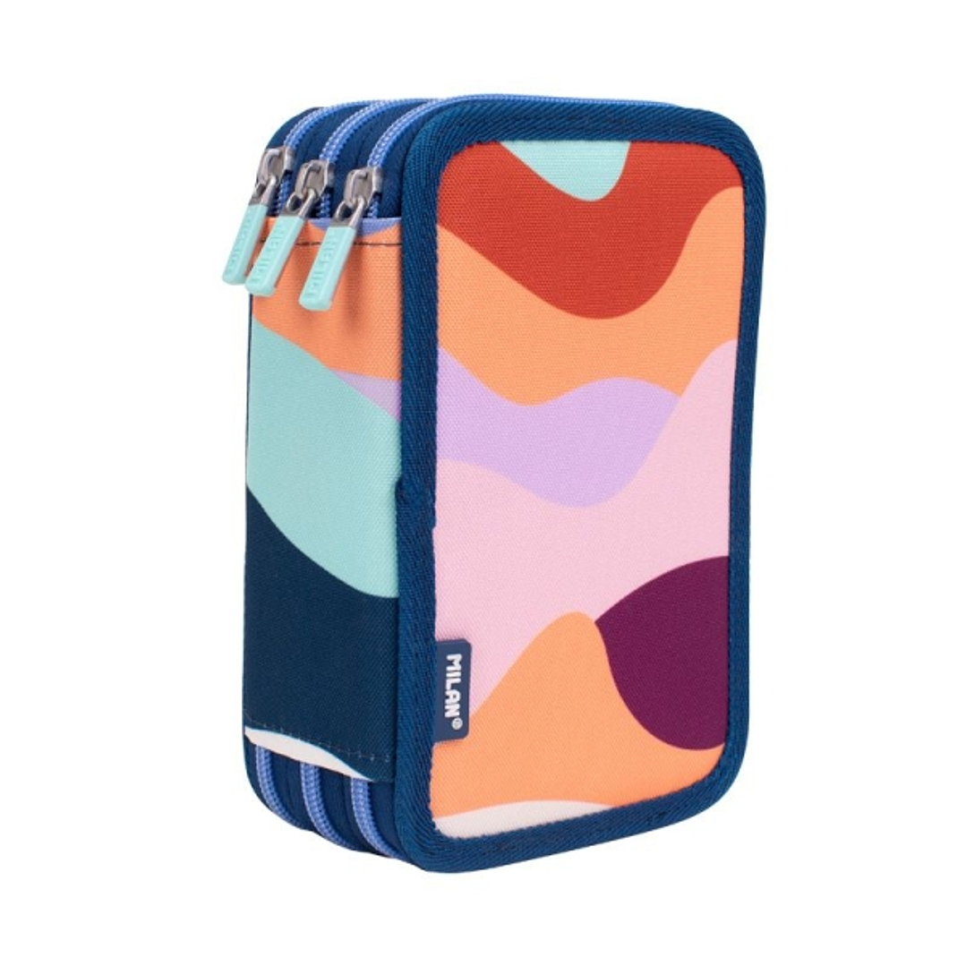 Milan The Fun Plumier de 3 Pisos con Goma de Borrar, Sacapuntas, Lapiz, 3 Boligrafos Capsule, Regla, 12 Lapices de Colores, 6 Lapices de Colores Metal 1