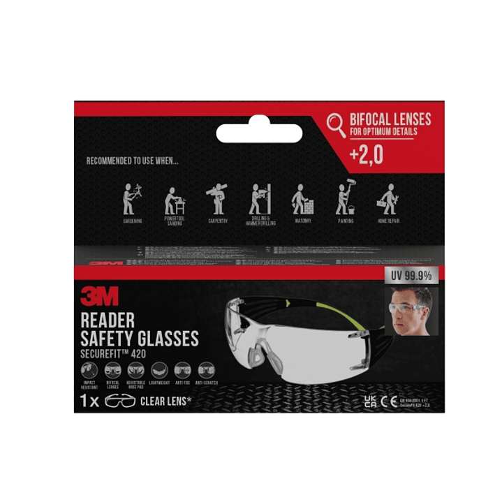 3M Securefit Gafas de Seguridad Graduadas - Bifocales - +2.0 Dioptrias - Antivaho - Antirrayaduras - Lente Incolora - Proteccion UV - Color Transparen 1