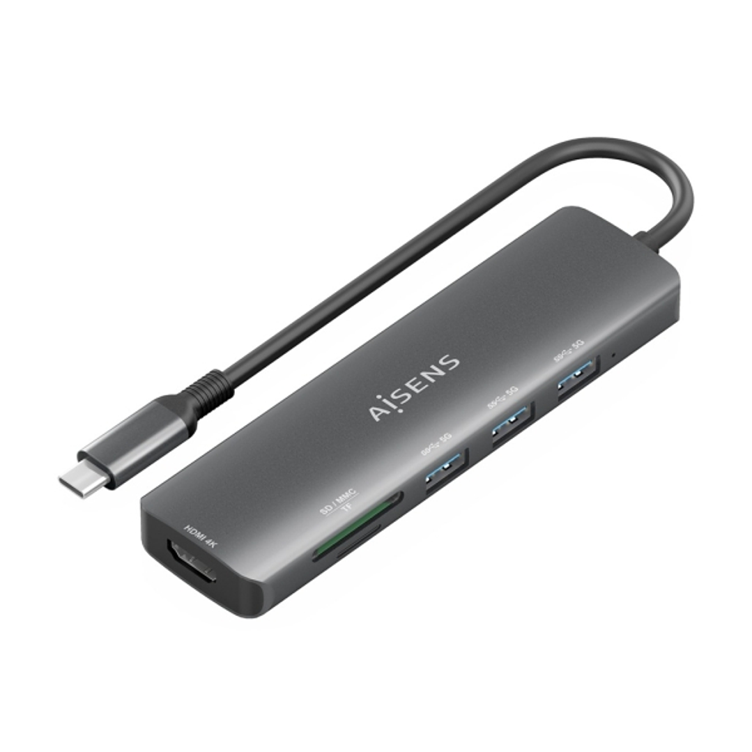 Aisens USB-C Dock 6 en 1 - USB-C a 1xHDMI - 3xUSB-A -  1xSD - 1xMicroSD - 15cm - Color Gris 1