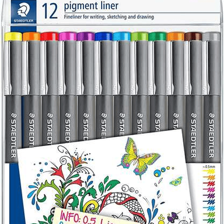 Staedtler Pigment Liner 308 Pack de 12 Rotuladores Calibrados - Trazo 0.5mm - Secado Rapido - Colores Surtidos 1