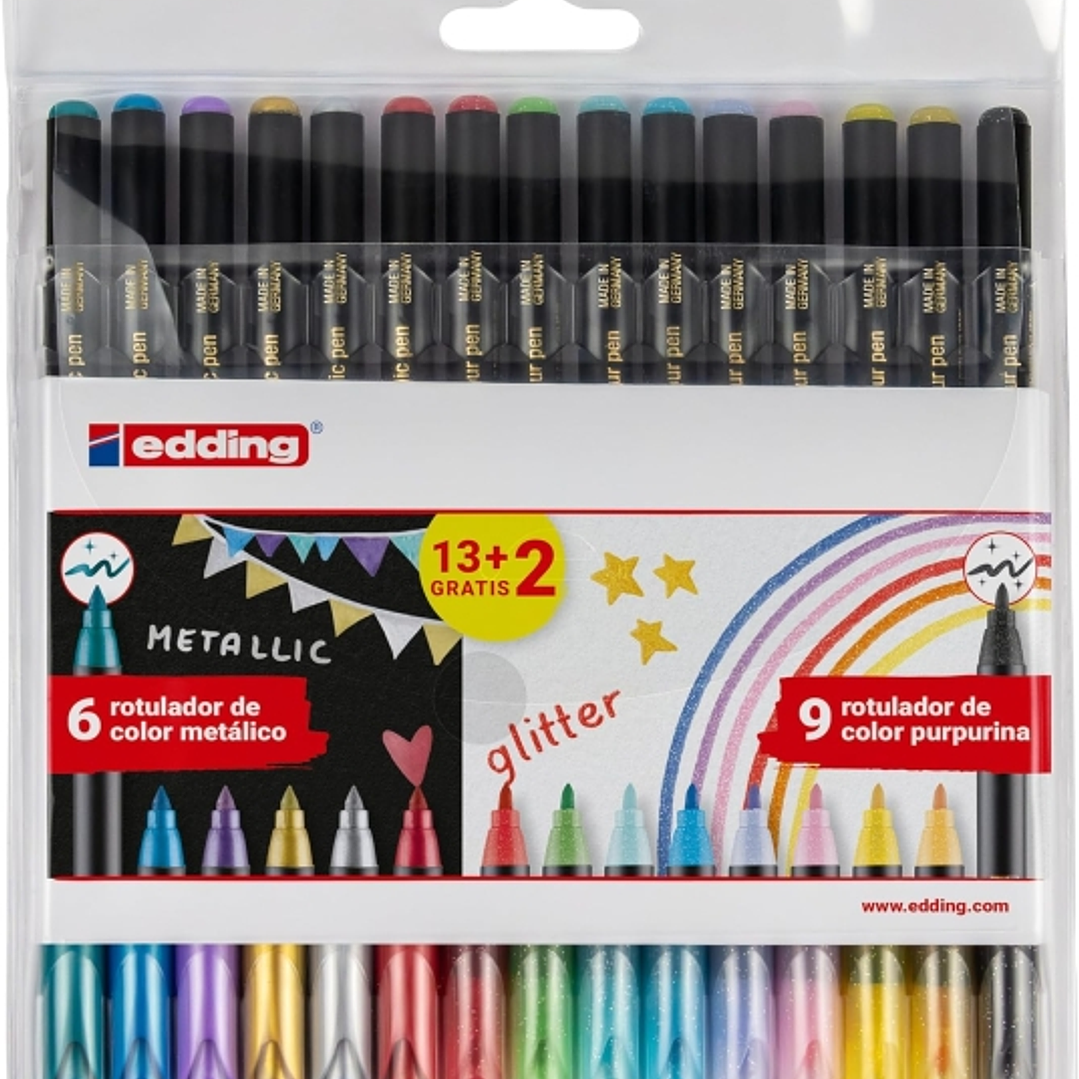 Edding 1200 Metallic and Glitter Pack de 15 Rotuladores - Punta Redonda - Trazo Metallic 1-3mm, Glitter 3mm - Tinta con Base de Agua - Colores Metalic 1