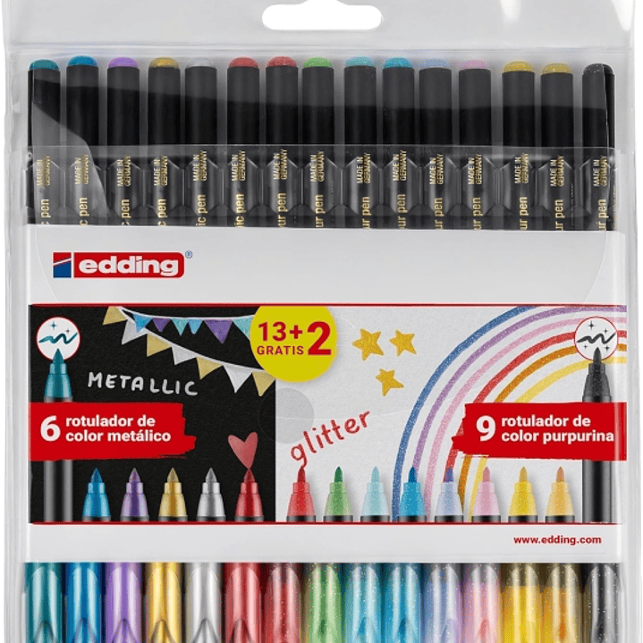 Edding 1200 Metallic and Glitter Pack de 15 Rotuladores - Punta Redonda - Trazo Metallic 1-3mm, Glitter 3mm - Tinta con Base de Agua - Colores Metalic 1