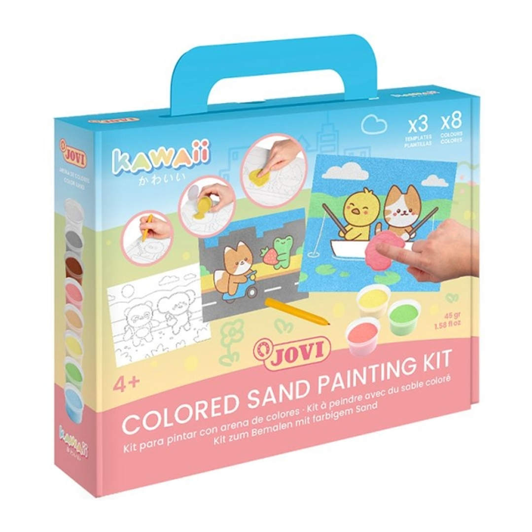 Jovi Kawaii Kit Pinta con Arena con 8 Botes de Arena + 1 Punzon + 3 Laminas con Diseños Kawaii - Colores Surtidos 1