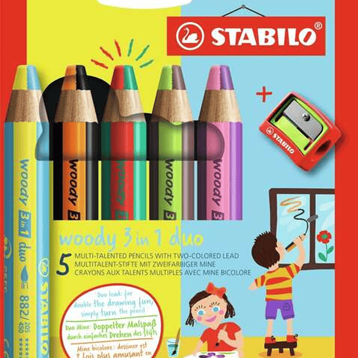 Stabilo Woody 3 en 1 Duo Pack de 5 Lapices de Colores + Sacapuntas - Mina 2 Colores XXL 10mm - Lapiz de Color, Cera  Acuarela, Todo en Uno - Colores S 1