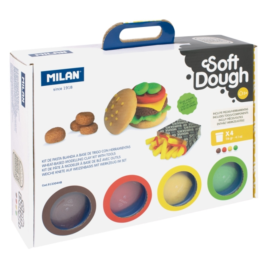 Milan Soft Dough Pack de 4 Botes de Pasta Blanda - Maletin con Herramientas - 116g por Unidad - 100% Vegetal - Moldeable - Sin Residuos - Colores Mezc 1