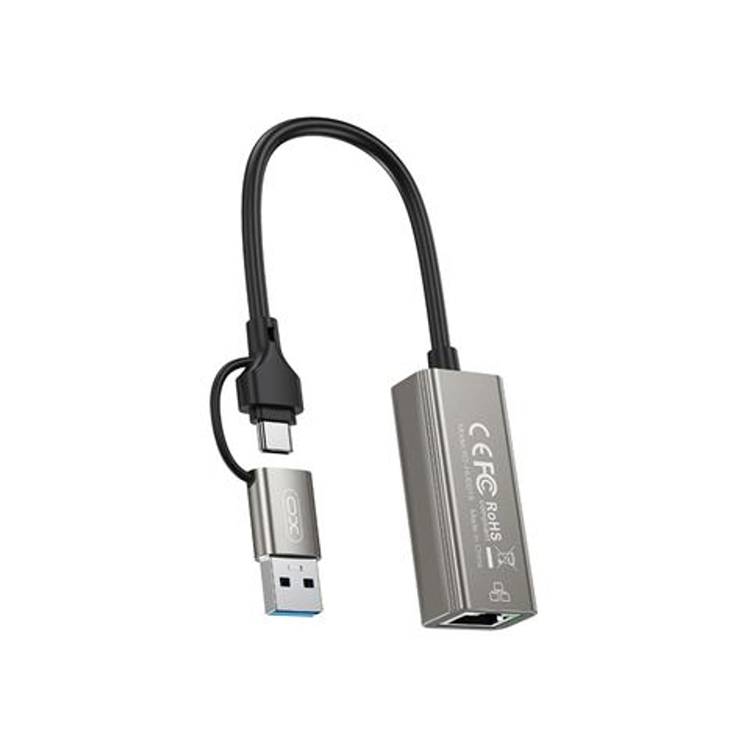 XO HUB018 Adaptador de Red RJ45 a USB 3.0 y USB-C - Color Plata 1
