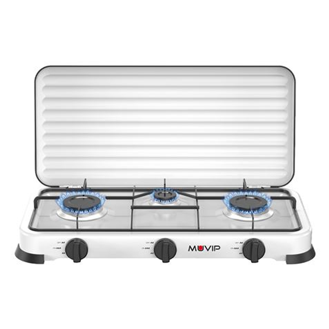 Muvip Vulcano Cocina de Gas con 3 Fuegos - Tapa Protectora - Patas de Goma - Superficie Esmaltada - Quemador Extraible - 57.7x27.8x5.3cm - Color Blanc 1