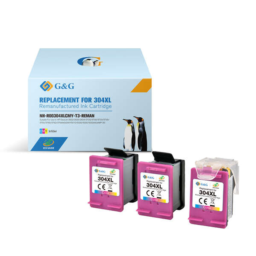 G&G HP 304XL Color Pack de 3 Cartuchos de Tinta Remanufacturados - Eco Saver - Muestra Nivel de Tinta - Reemplaza N9K07AE/N9K05AE 1