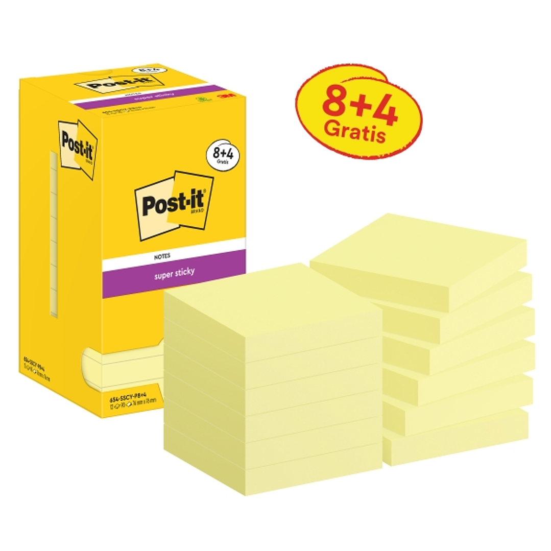 Post-It Super Sticky Pack de 12 Blocs de 90 Notas Adhesivas Reposicionables - 76x76mm - Promocion 8 Blocs + 4 Gratis - Color Amarillo Claro 1