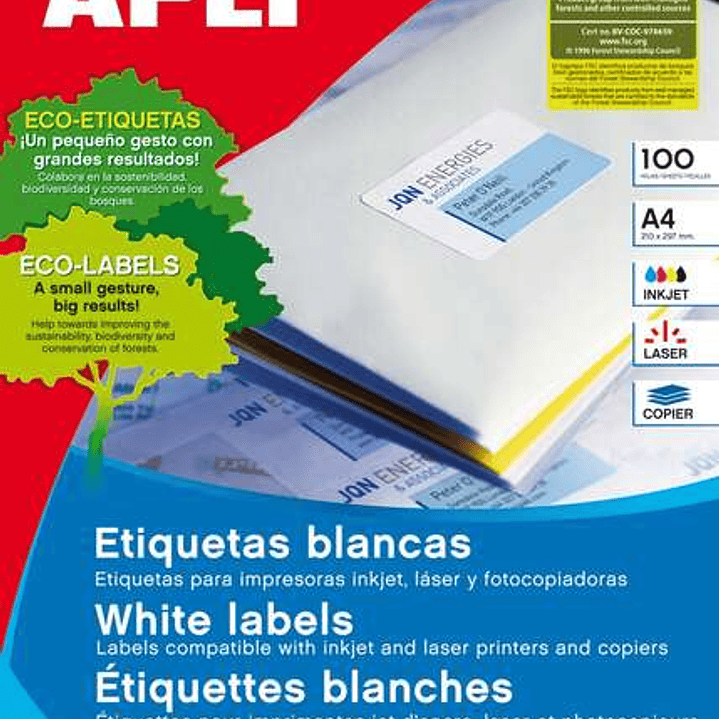Apli Pack de 100 Etiquetas Permanentes - Tamaño 210 x 297mm - Multiples Usos - Color Blanco 1