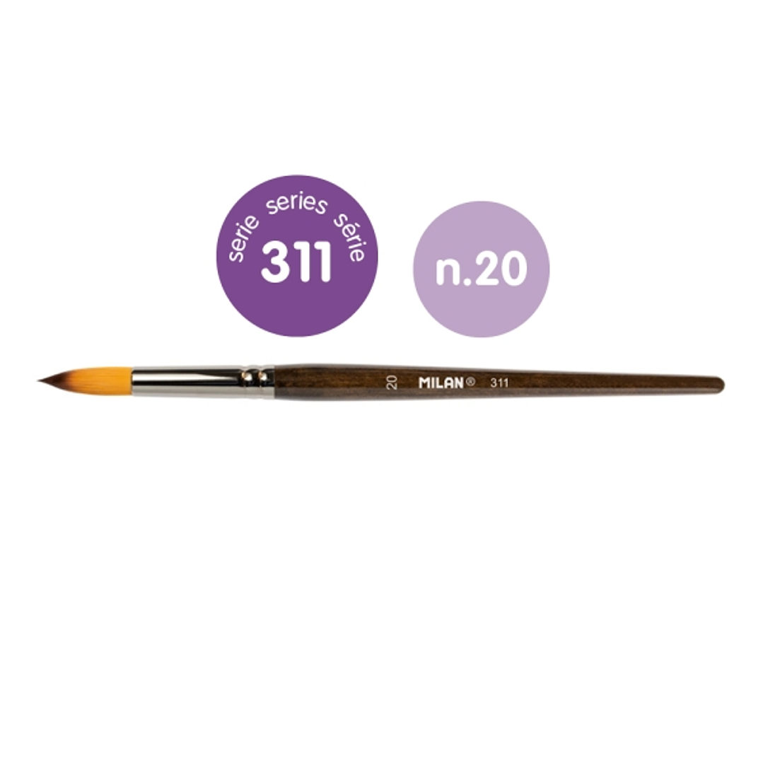 Milan 311 Pack de 3 Pinceles Redondos Numero 20 - Bolsa con Colgador - Pelo Sintetico - Color Madera Oscuro 1
