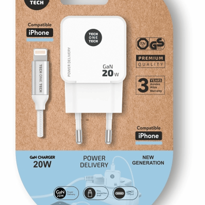 TechOneTech Cargador de Pared Ultrarrápido GaN 20w Blanco + Cable Apple 1