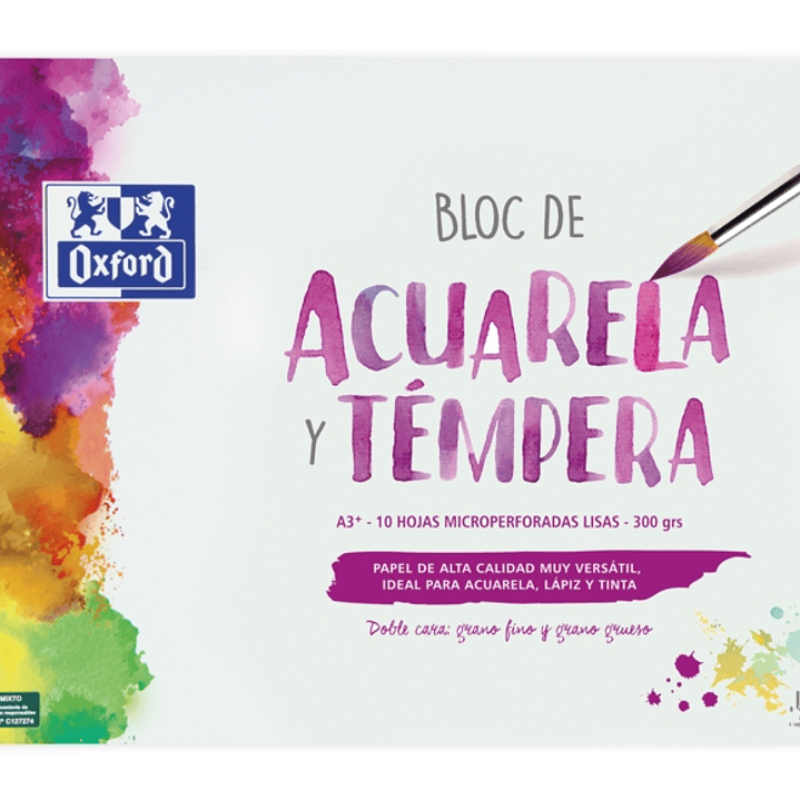 Oxford Pintura Escolar Bloc Espiral Acuarela y Tempera A3+ - Tapa Blanda/Contratapa Rigida - 10 Hojas - 300gr Liso 1