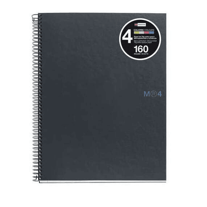 Miquel Rius Notebook4 Cuaderno de Espiral Formato A4 - 160 Hojas Lisas Microperforadas con 4 Taladros - Cubiertas de Carton Extraduro - Color Gris Osc 1