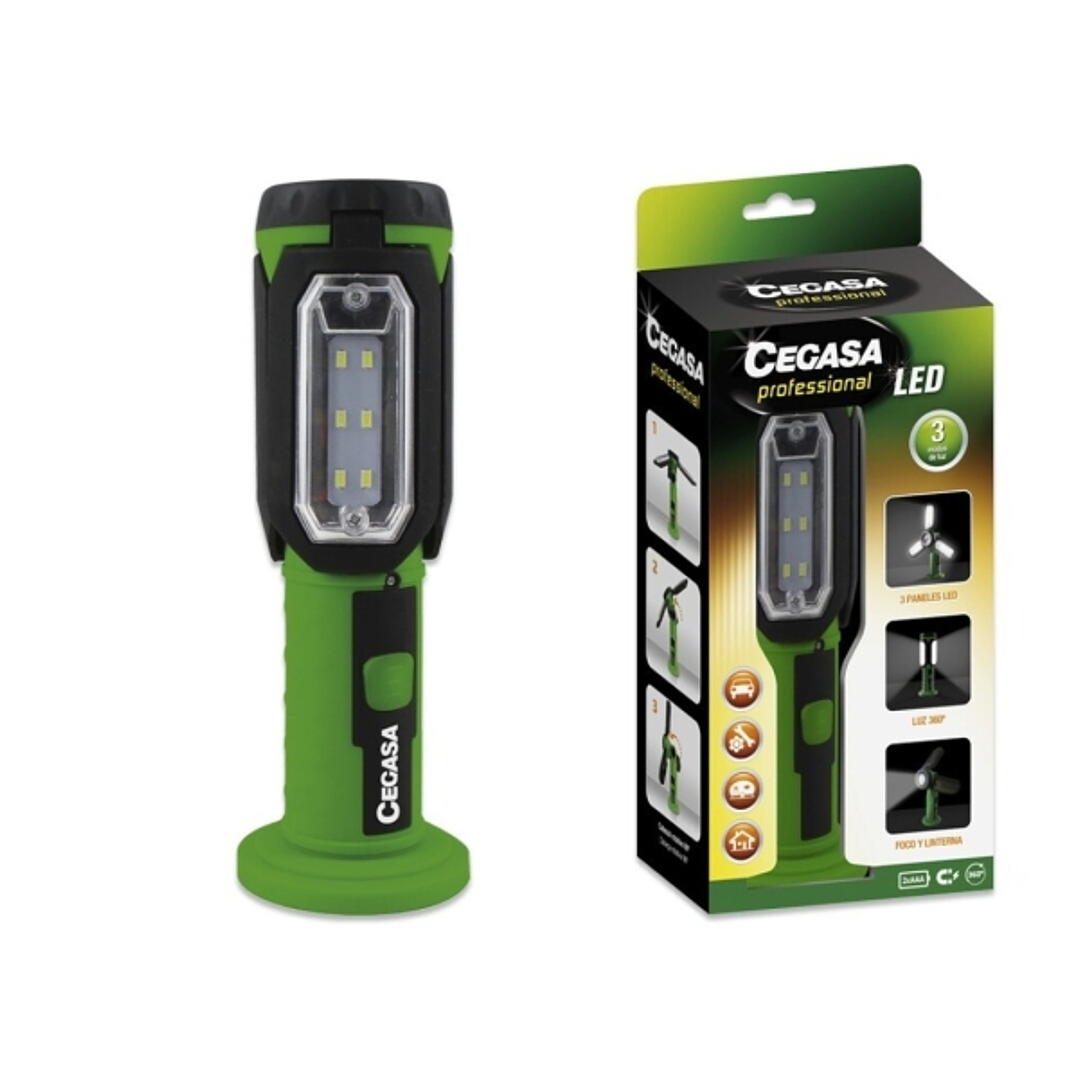 Cegasa Profesional Linterna LED - 3 Paneles LED y Frontal - 3 Modos de Iluminacion - Funciona con 3 Pilas AAA (No Incluidas) - Color Negro/Verde 1