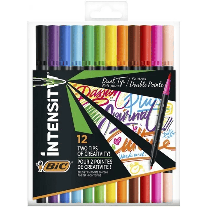 Bic Intensity Dual Tip Pack de 12 Rotuladores Doble Punta - Punta de Pincel + Punta Fina - Tinta con Base de Agua - Colores Clasicos Surtidos 1