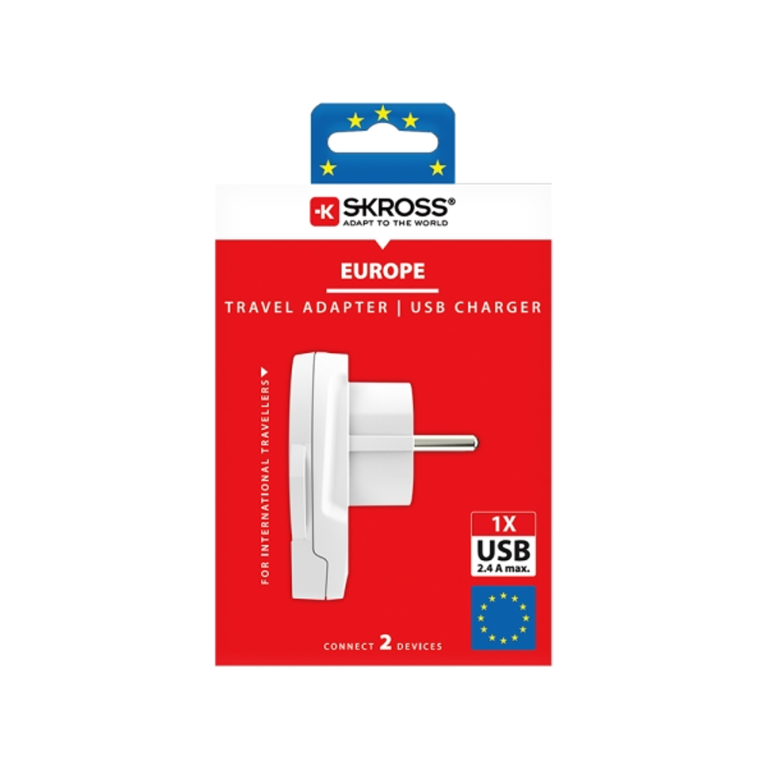 Skross Adaptador de Viaje del Mundo a Europa con 1 USB-A - Color Blanco 1