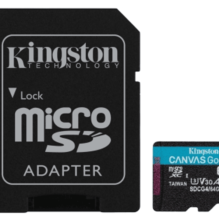 Kingston Tarjeta Micro SDXC 64GB UHS-I U3 V30 Clase 10 200MB/s Canvas Go Plus con Adaptador 1