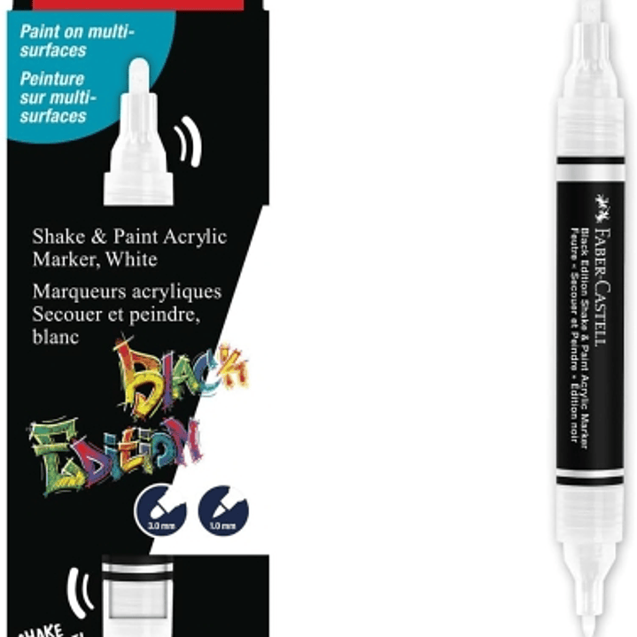 Faber-Castell Shake & Paint Black Edition Rotulador Acrilico Doble Punta - Puntas Redondas de 1mm y 3mm - Tinta Acrilica al Agua - Color Blanco 1