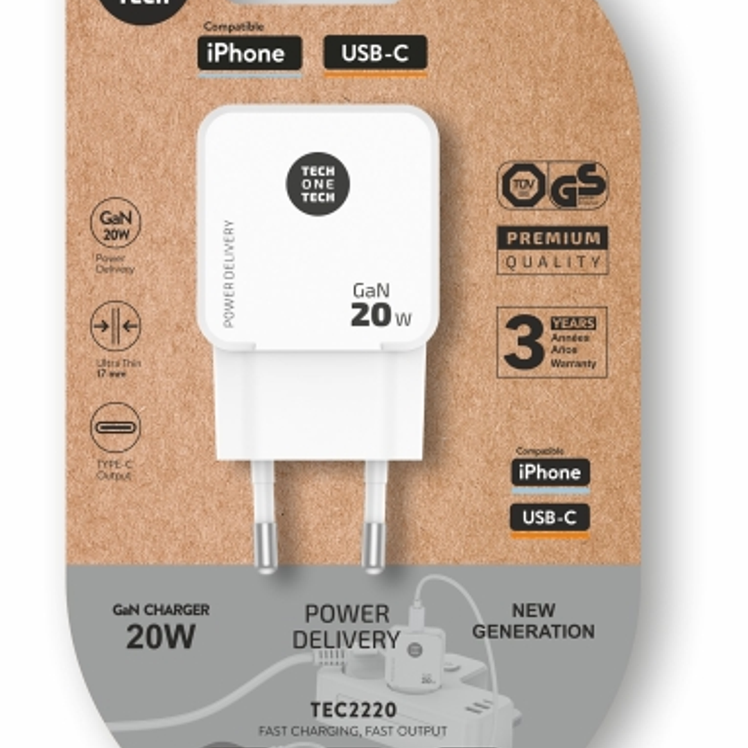 TechOneTech Cargador de Pared Ultrarrápido GaN 20w USB-C Blanco 1