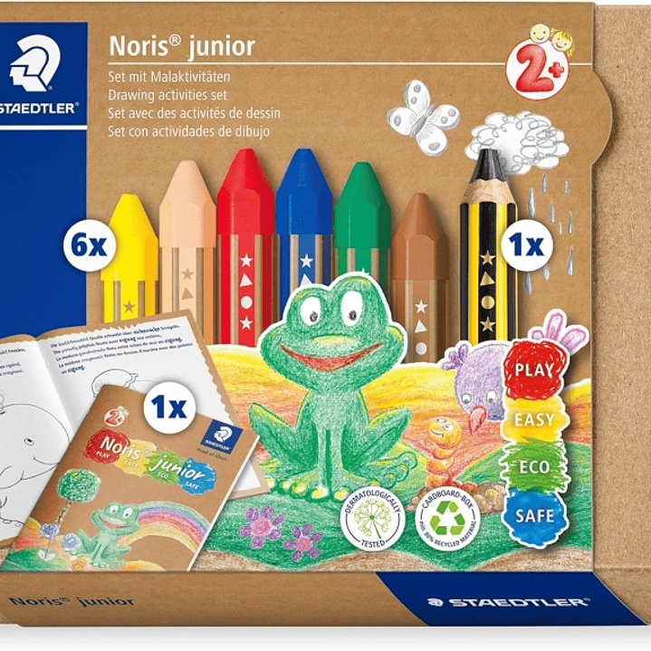 Staedtler Noris Junior Conjunto de Actividades Pack de 6 Ceras de Colores + Lapiz de Grafito Extragrueso + Folleto de Actividades - Colores Surtidos 1