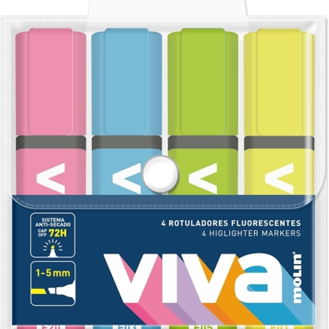 Molin Viva Pack de 4 Marcadores Fluorescentes - Trazo entre 1 y 5mm - Tinta con Base de Agua - Colores Surtidos 1