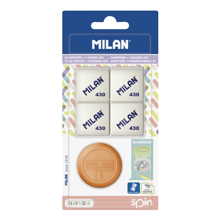 Milan Spin New Look Pack de Sacapuntas + 4 Gomas 430 - Colores Surtidos 1