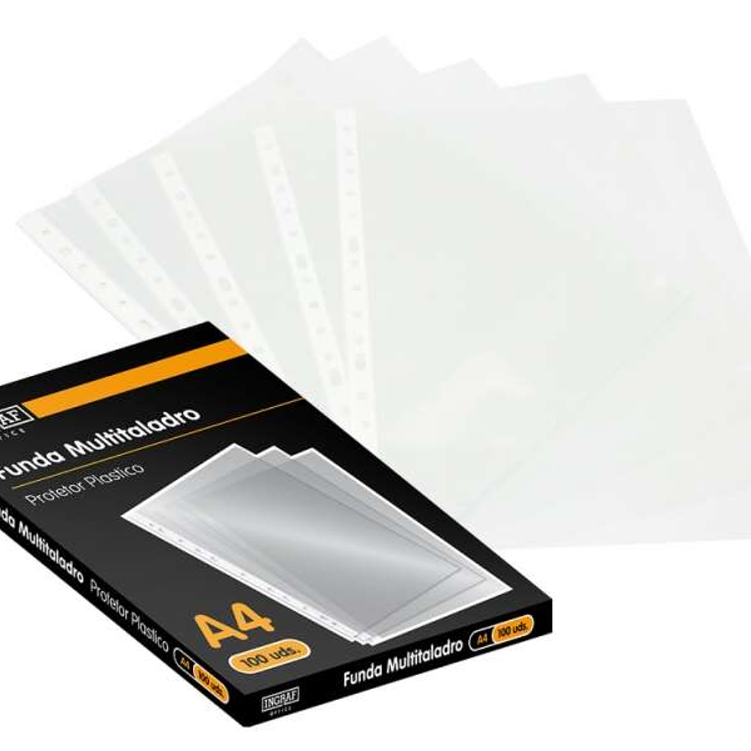 Ingraf Pack de 100 Fundas Multitaladro A4 Transparentes 70 Micras - Acabado Granulado 1