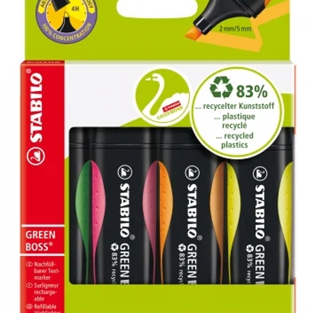 Stabilo Green Boss Pack de 4 Marcadores Fluorescentes - Fabricado con un 83% de Plastico Reciclado - Trazo entre 2 y 5mm - Recargable - Colores Surtid 1