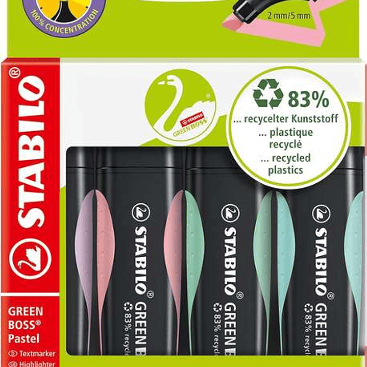 Stabilo Green Boss Pastel Pack de 4 Marcadores Fluorescentes - Fabricado con un 83% de Plastico Reciclado - Trazo entre 2 y 5mm - Recargable - Colores 1