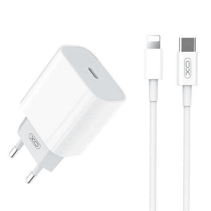XO L77 Pack Cargador de Corriente 1x USB-C 20W Carga Rapida + Cable USB-C a Lightning 1m 1