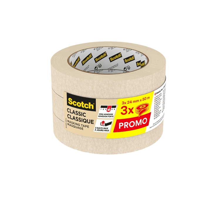 Scotch Classic Pack de 3 Cintas de Enmascarar - 24mm x 50m - Color Blanco 1