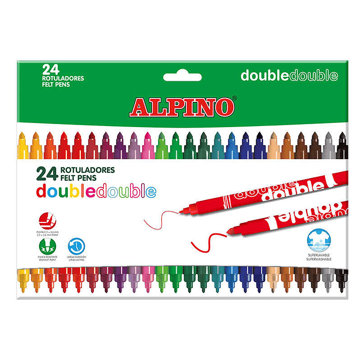 Alpino Pack de 24 Rotuladores de Doble Punta - Caja 20+4 - Pinta Grueso o Fino con un Mismo Rotulador - Superbrillantes y Superlavables - Colores Surt 1
