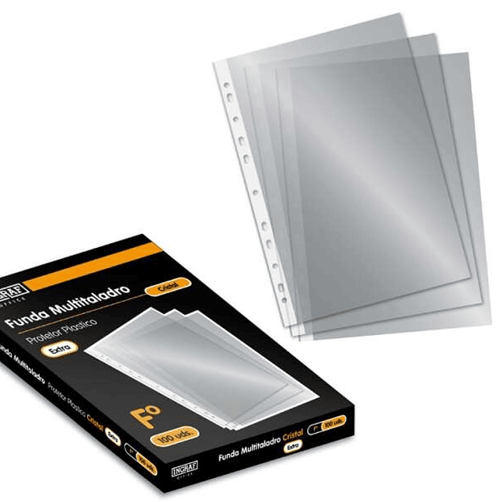 Ingraf Pack de 100 Fundas Multitaladro Folio Transparente 70 Micras - Acabado en Cristal 1