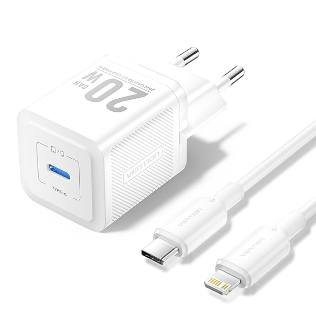 Vention Cargador de Pared GaN USB-C 20W - Cable USB-C a Lightning 1m - Color Blanco 1