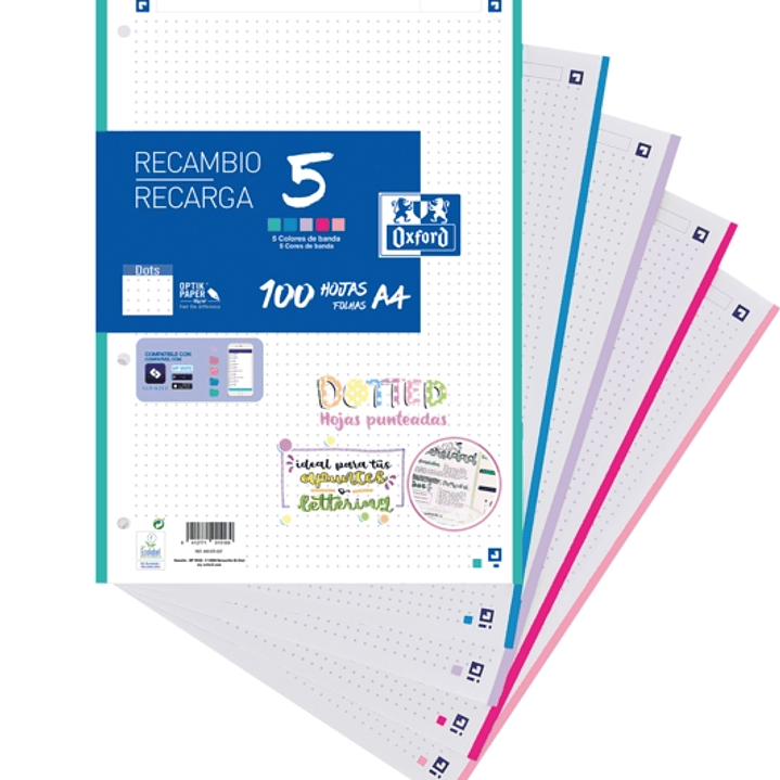 Oxford 5 Dotted Recambio de 100 Hojas Formato A4 Punteadas 4 Taladros - Banda de 5 Colores Pastel 1
