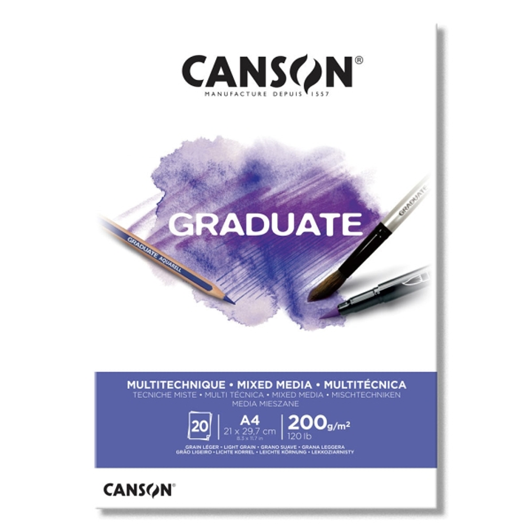Canson Graduate Mix Media Bloc Encolado de 20 Hojas A4 de 200g - Grano Fino - Color Blanco 1