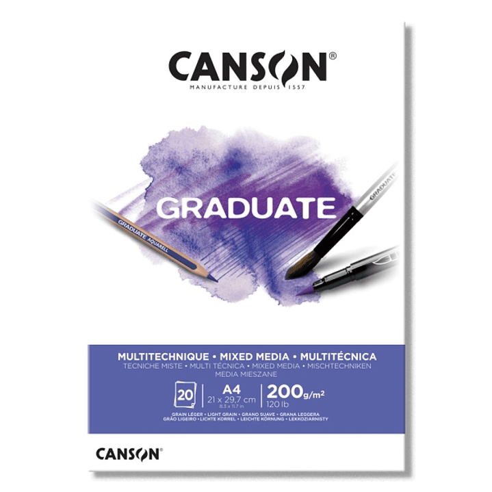 Canson Graduate Mix Media Bloc Encolado de 20 Hojas A4 de 200g - Grano Fino - Color Blanco 1