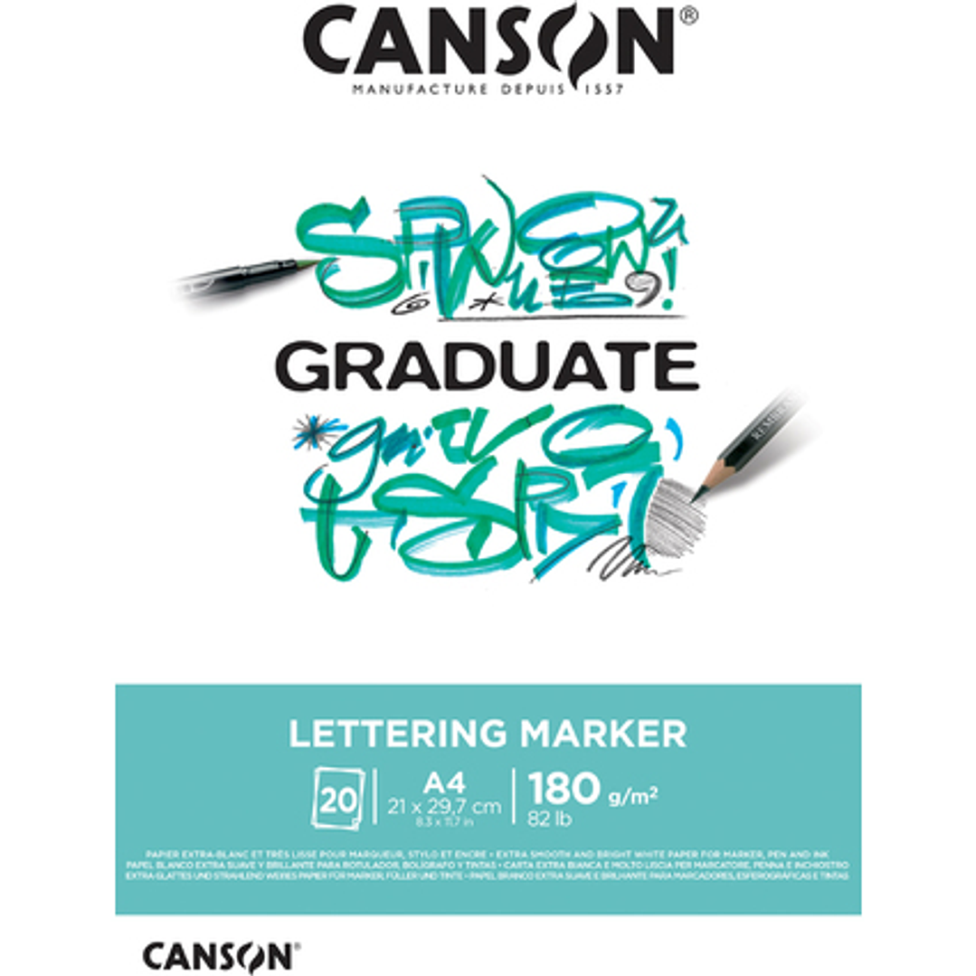 Canson Graduate Lettering Rotulador Bloc Encolado de 20 Hojas A4 - 180g - Satinado - Color Blanco 1
