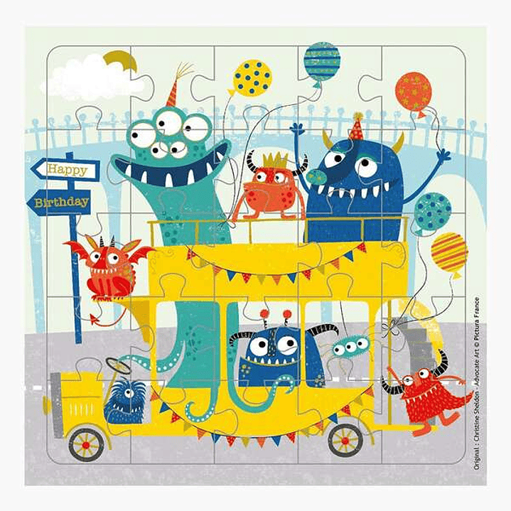 Pictura Tarjeta Puzzle Monstruos de 25 Piezas + Tarjeta Plegada - Troquelado - 15.5x15.5cm - Incluye Sobre Blanco y Envoltorio de Celofan - Papel con  1