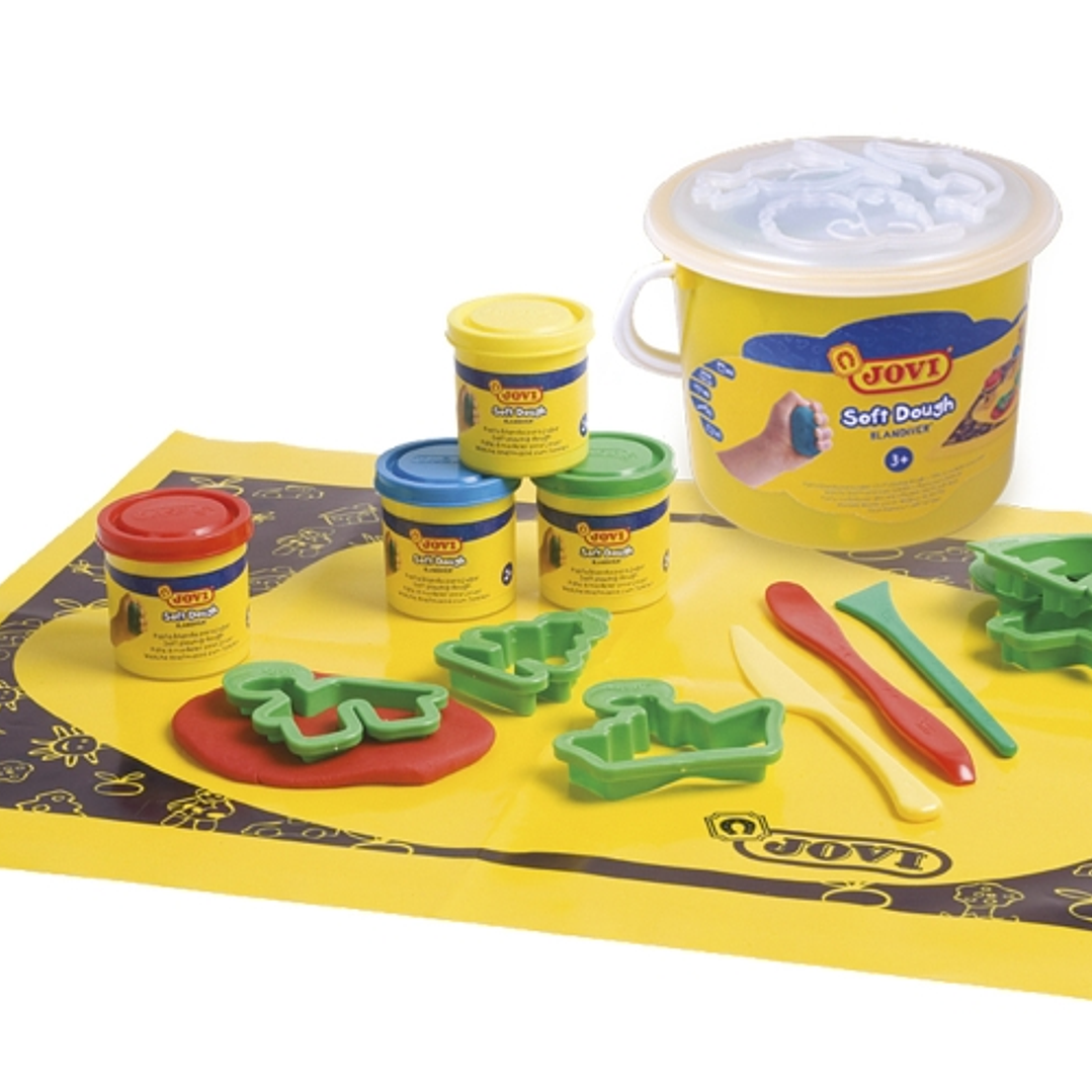 Jovi Soft Dough Blandiver Cubo 4 Botes 50gr + Accesorios - Blanda y Flexible - Facil de Amasar y Moldear - Ideal para Iniciacion al Modelaje - Color V 1