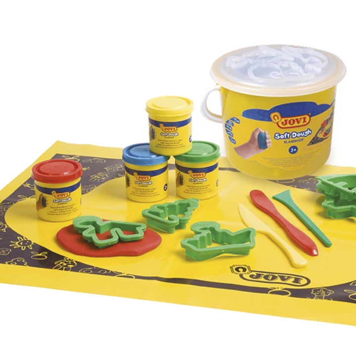 Jovi Soft Dough Blandiver Cubo 4 Botes 50gr + Accesorios - Blanda y Flexible - Facil de Amasar y Moldear - Ideal para Iniciacion al Modelaje - Color V 1