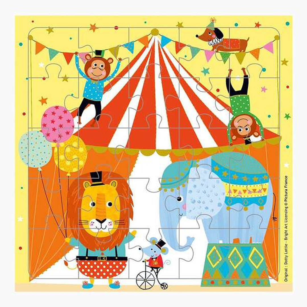 Pictura Tarjeta Puzzle - 15.5x15.5cm - Tematica Circo - 25 Piezas - Tarjeta Plegada Incluida - Embolsada en Celofan - Sobre Blanco Incluido - Papel co 1