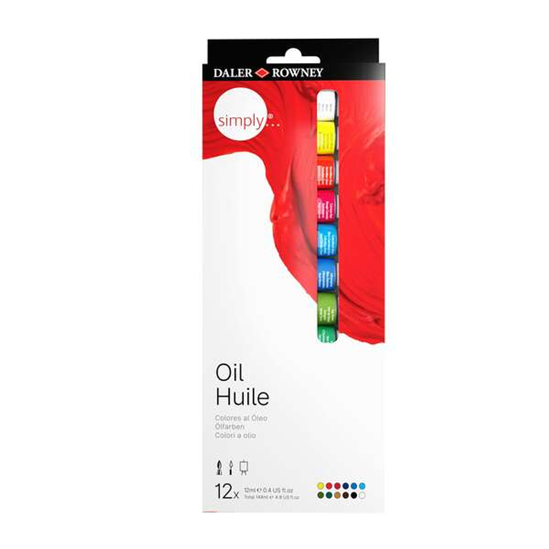 Daler Rowney Simply Pack de 12 Pinturas Oleo 12ml - Excelente Resistencia a la Luz - Colores Surtidos 1