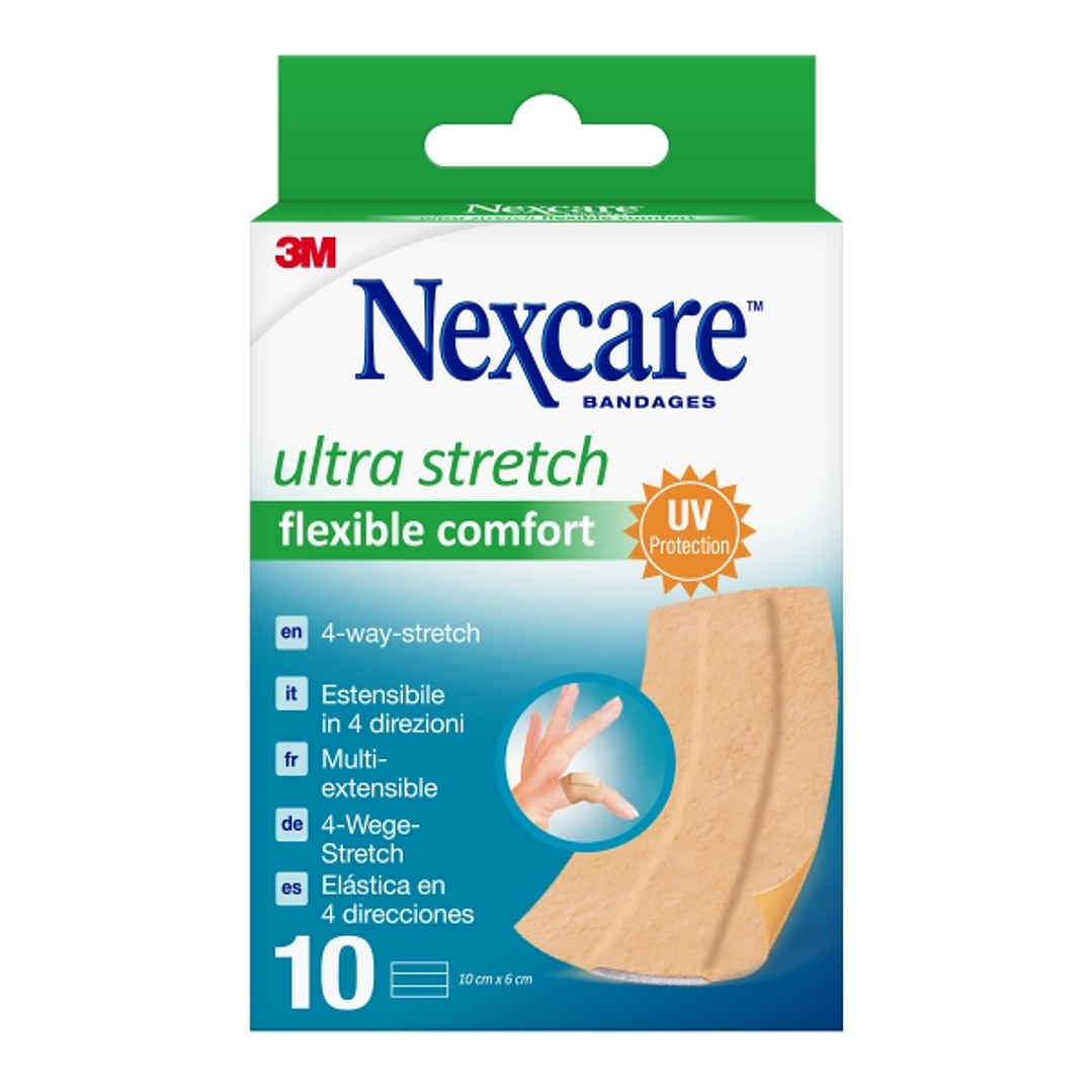Nexcare Flexible Comfort Finger Pack de 10 Apositos para Heridas - 6x10cm - Elastico - Resistente al Agua - Color Piel 1