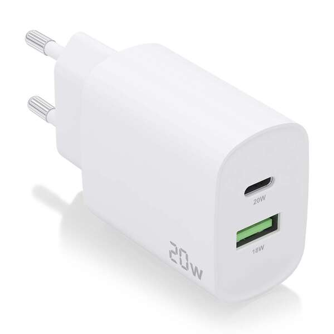 Aisens Cargador 20W - 1xUSB-C PD3.0 - 1xUSB-A QC3.0 - Color Blanco 1