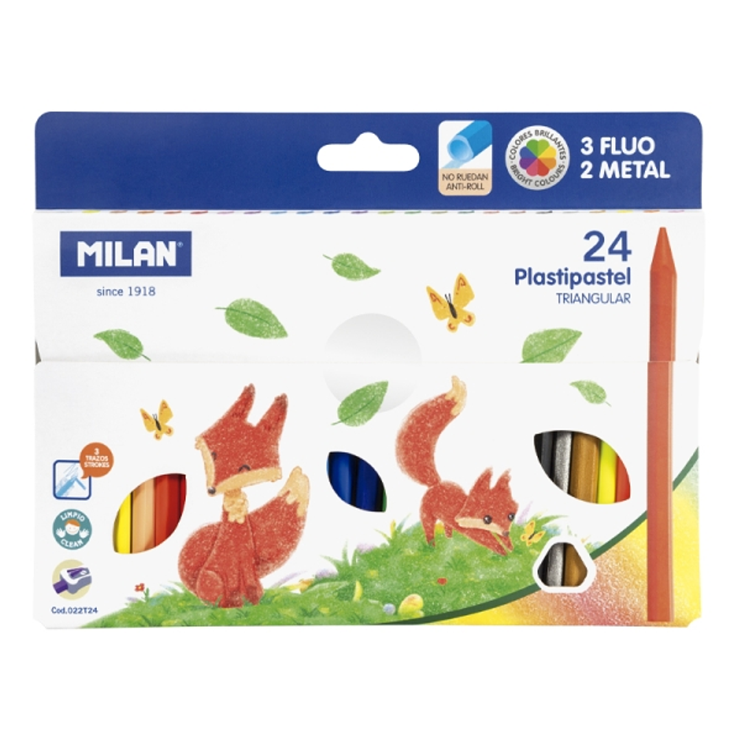 Milan Plastipastel Pack de 24 Ceras de Colores Triangulares - Contiene 3 Ceras Fluo y 2 Metal - Colores Surtidos 1